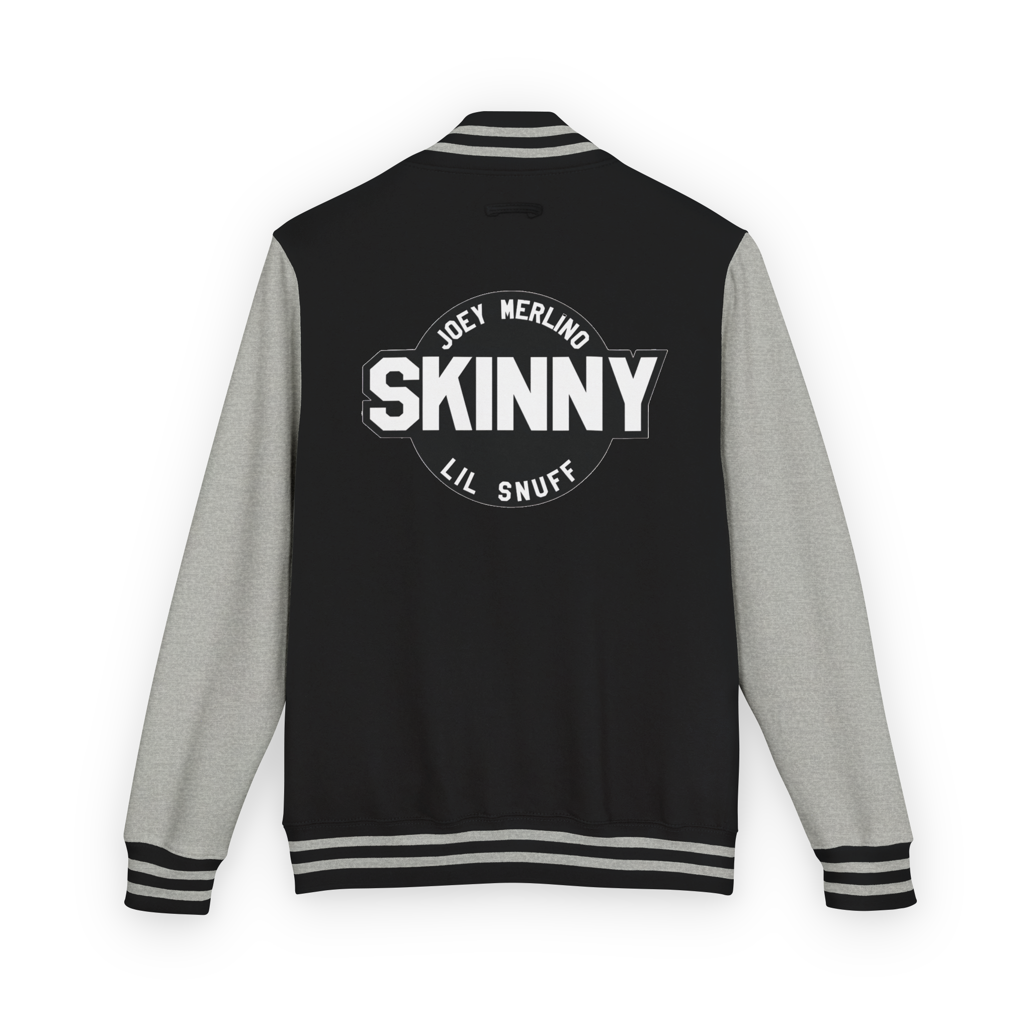 Black and gray varsity jacket with 'Skinny' text on the back against a white background