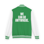 Green and white jacket with 'WE CAN GO ANYWHERE.' text on the back
