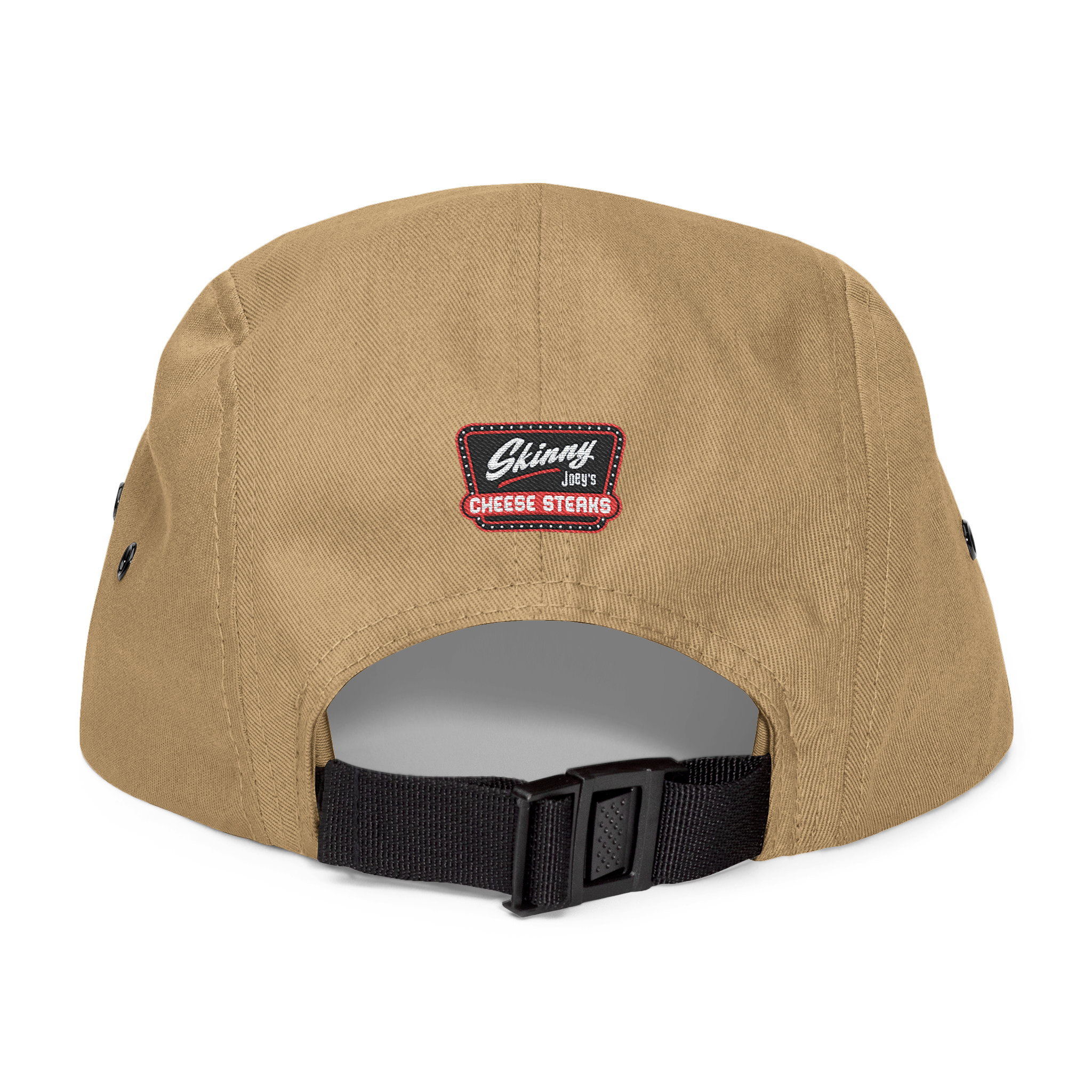 Beige cap with a black strap and a logo on the back against a white background