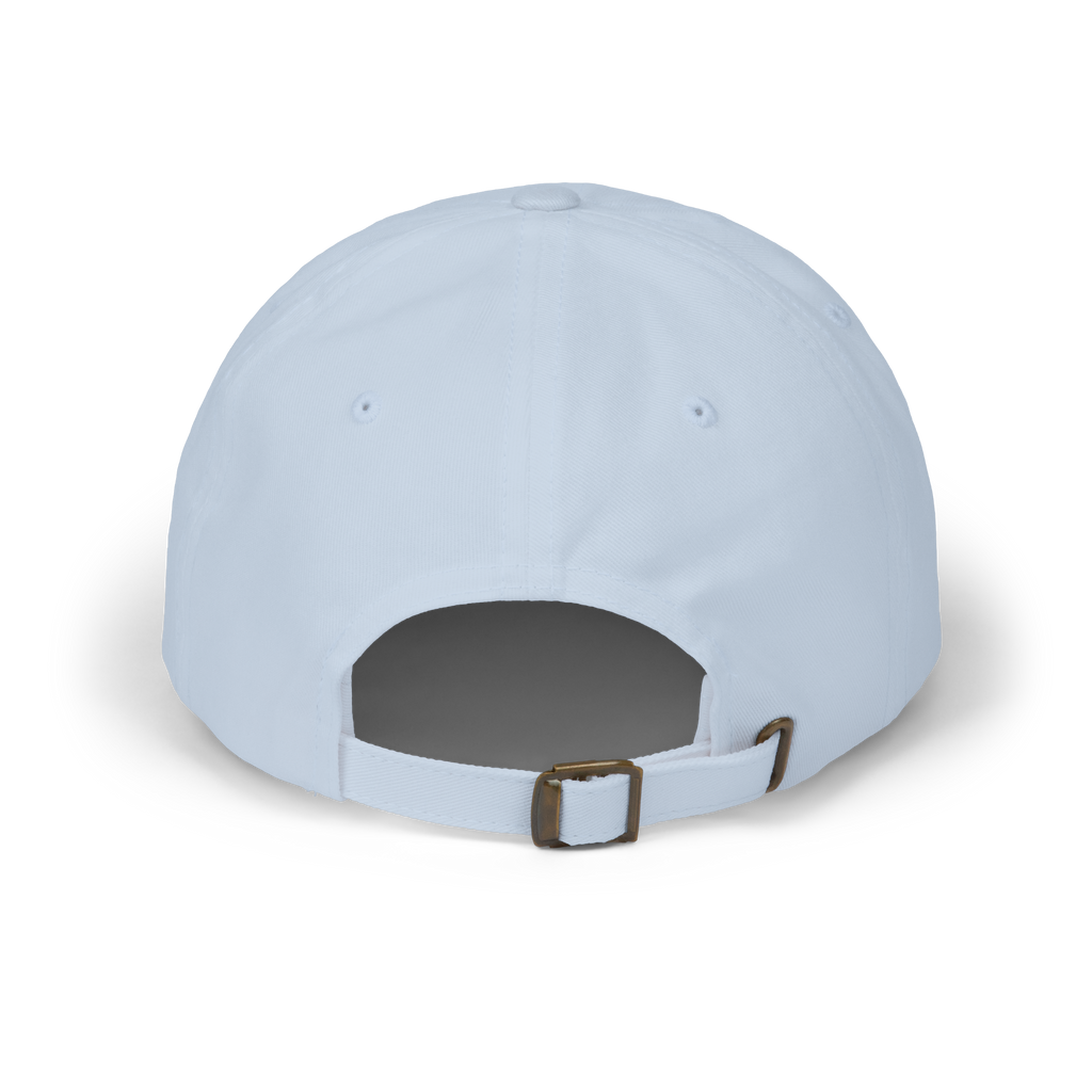 Light blue baseball cap with a brown buckle on a white background