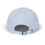 Light blue baseball cap with a brown buckle on a white background