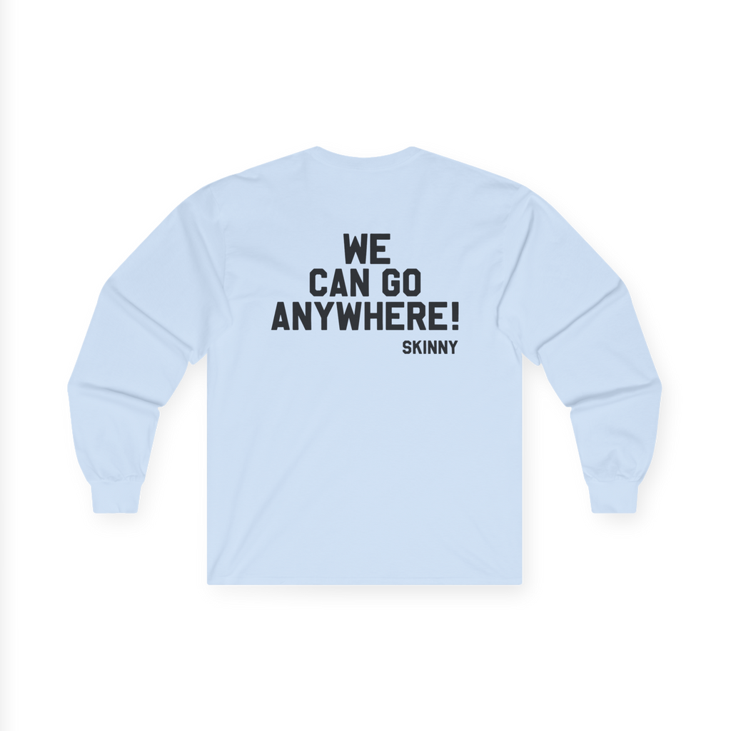 Light blue long-sleeve shirt with text on the back against a white background