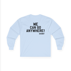 Light blue long-sleeve shirt with text on the back against a white background