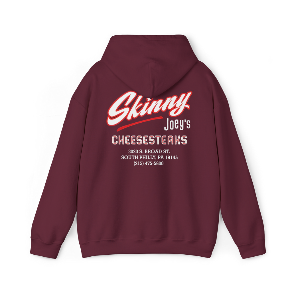 Maroon hoodie with 'Skinny Joey's Cheesesteaks' text on the back against a white background