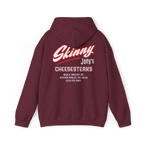 Maroon hoodie with 'Skinny Joey's Cheesesteaks' text on the back against a white background