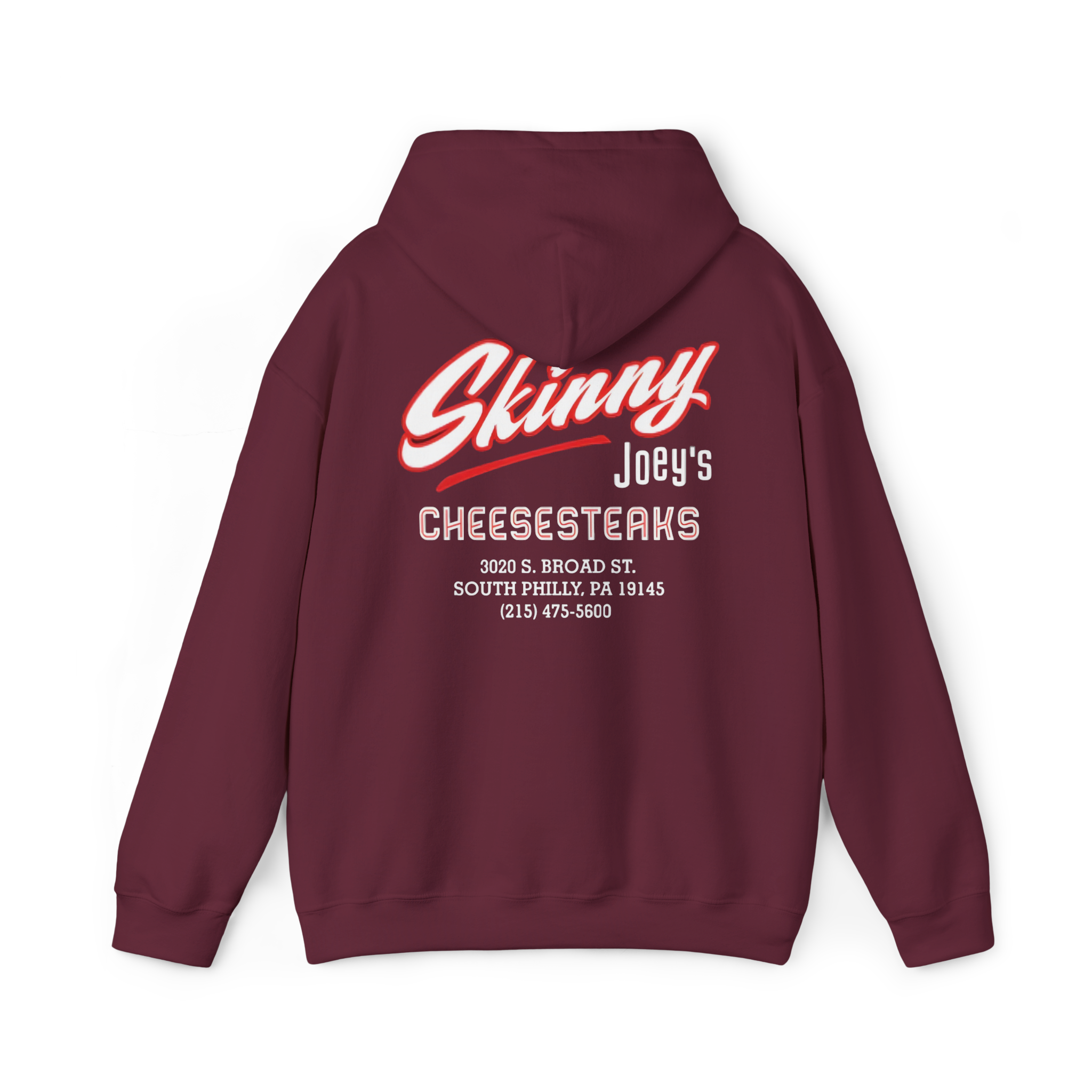 Maroon hoodie with 'Skinny Joey's Cheesesteaks' text on the back against a white background