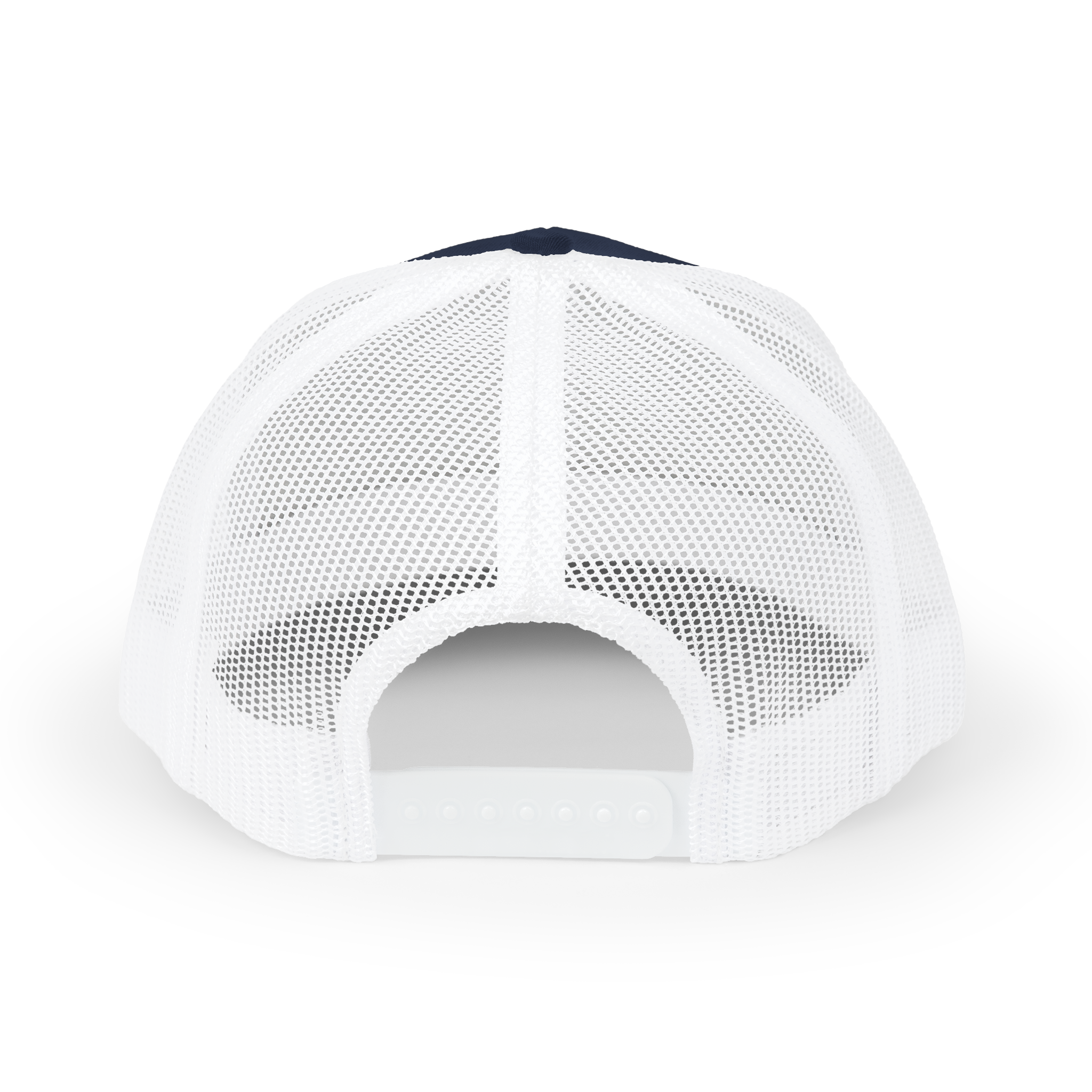 White mesh cap with a black brim on a white background