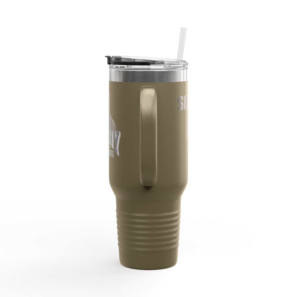 Green insulated tumbler with a straw on a white background