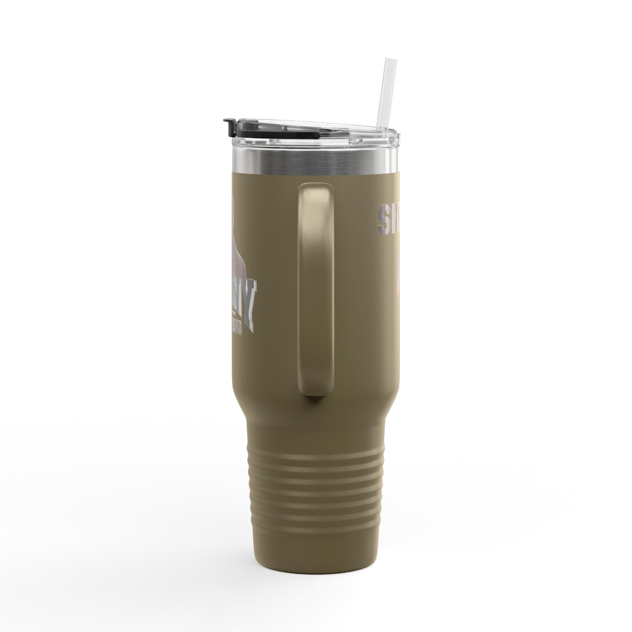 Green insulated tumbler with a straw on a white background