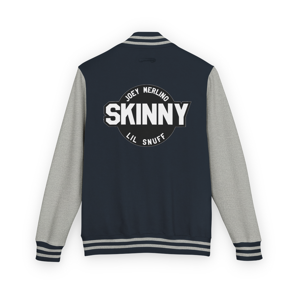 Navy and gray varsity jacket with 'Skinny' text on the back against a white background