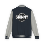 Navy and gray varsity jacket with 'Skinny' text on the back against a white background