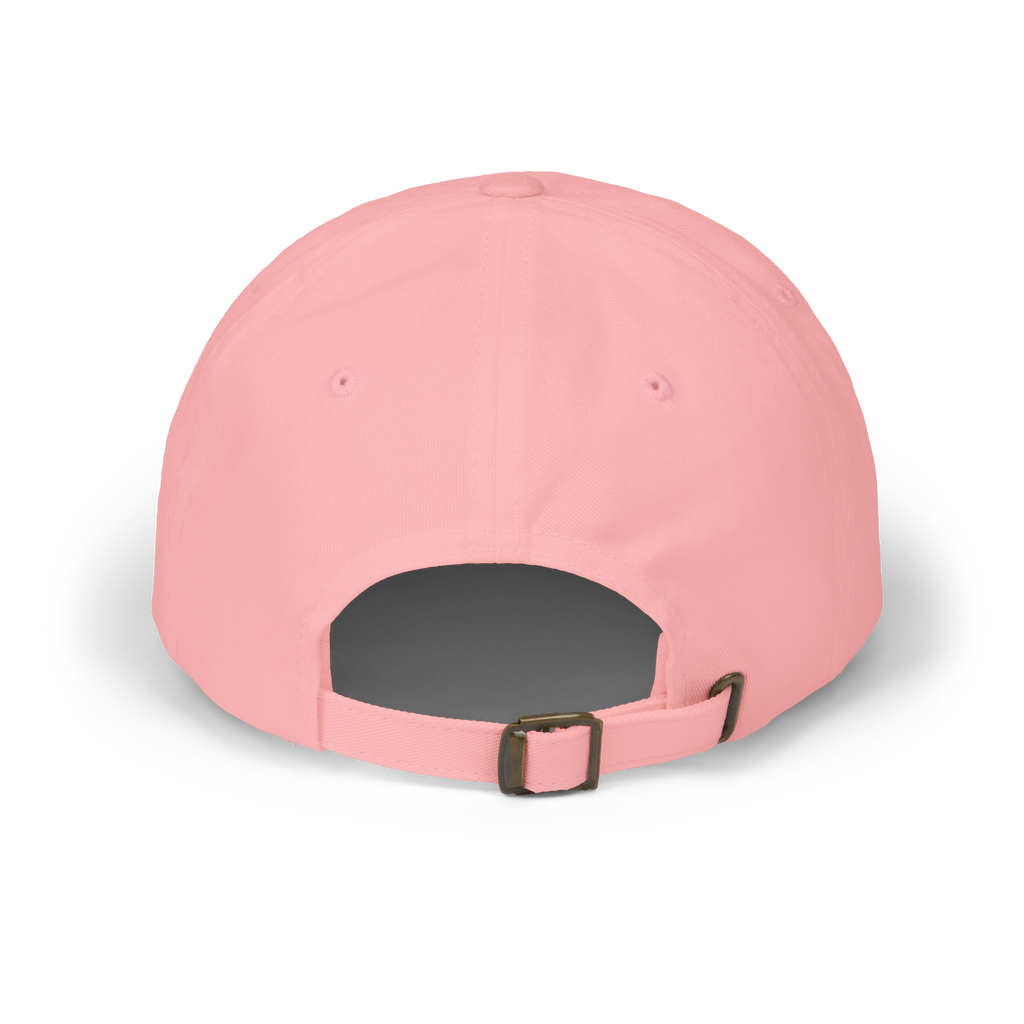 Pink baseball cap with a dark gray back and gold buckle on a white background