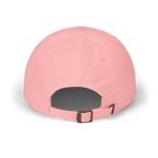 Pink baseball cap with a dark gray back and gold buckle on a white background