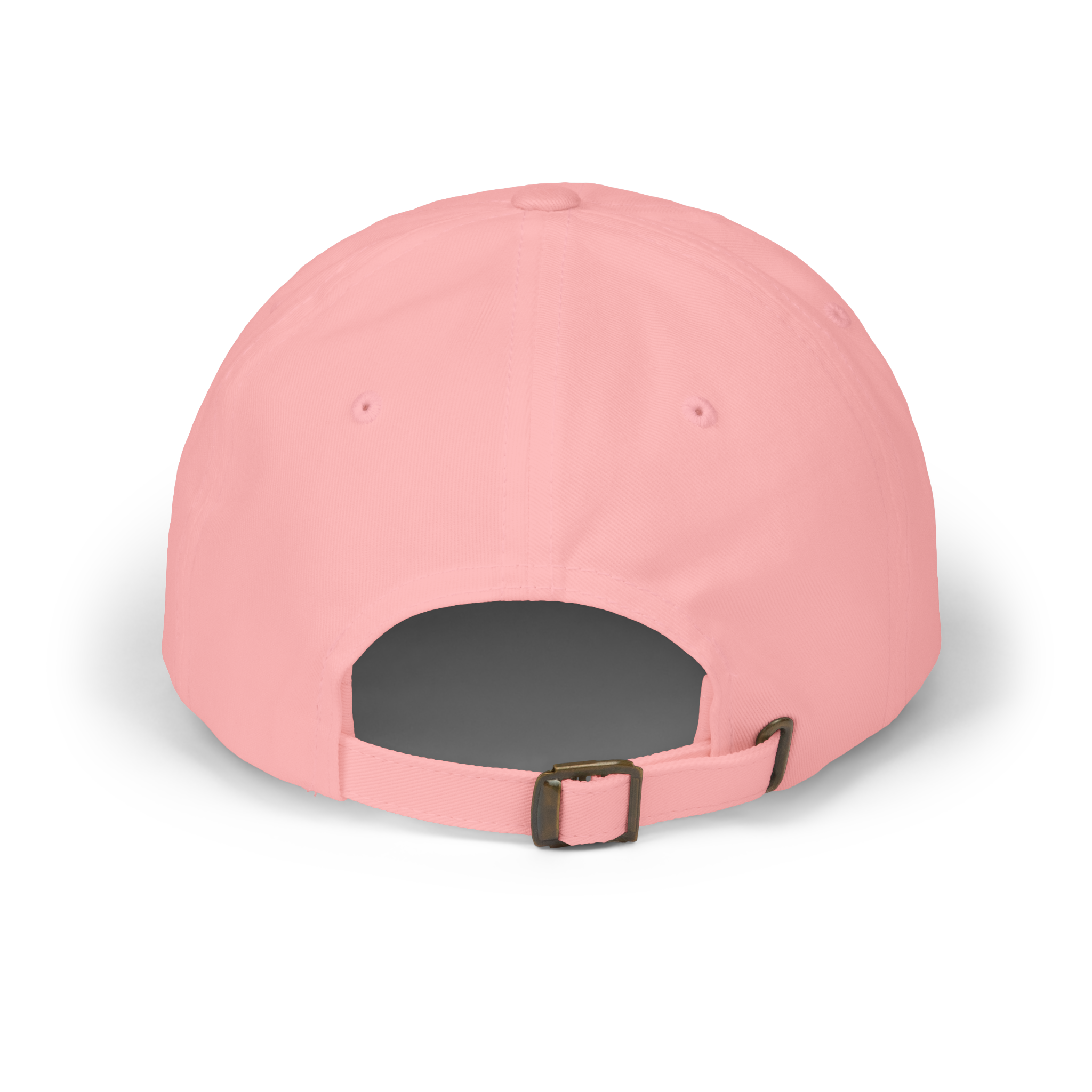 Pink baseball cap with a dark gray back and gold buckle on a white background