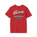 Red t-shirt with 'Skinny Joey's Cheesesteaks' text on a white background