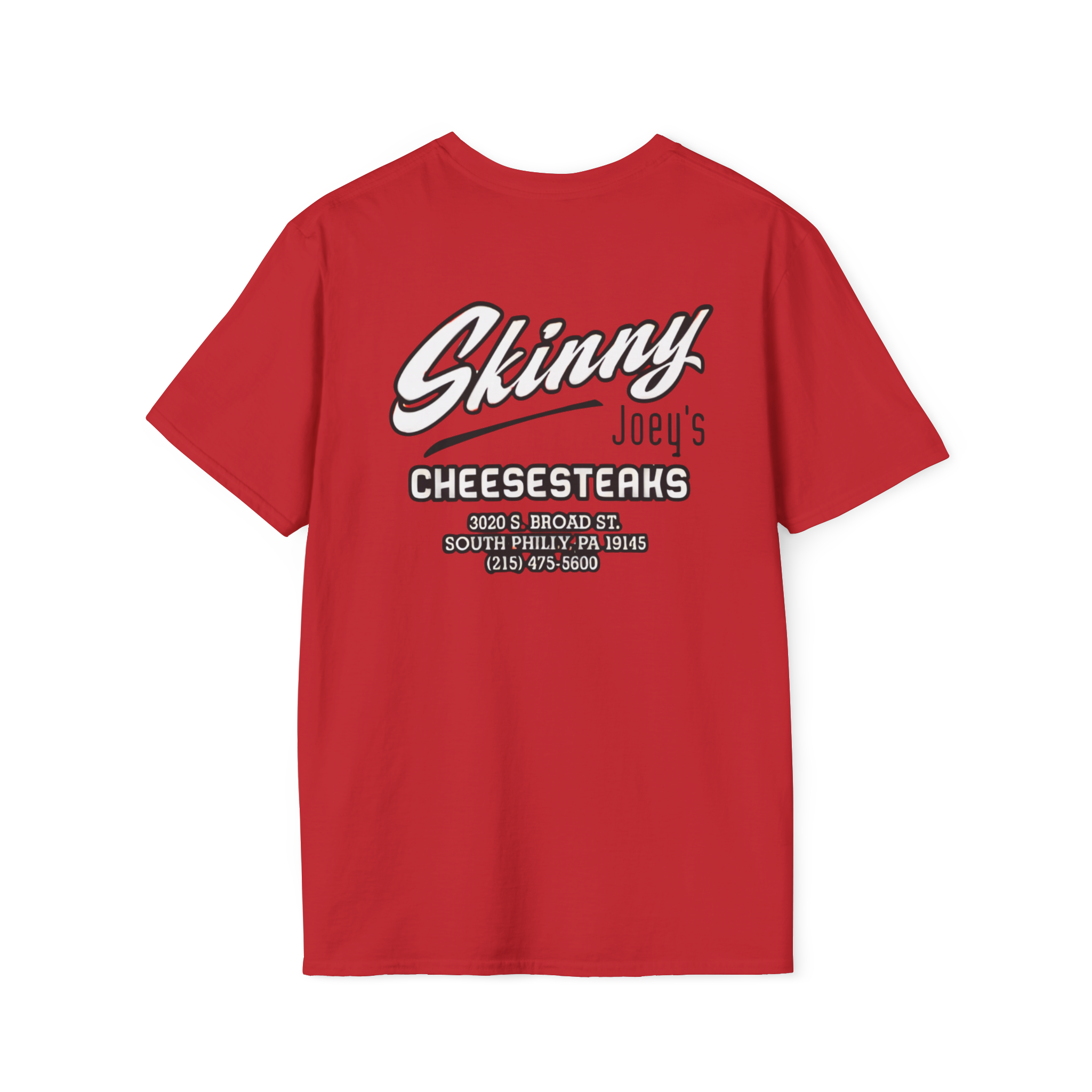 Red t-shirt with 'Skinny Joey's Cheesesteaks' text on a white background