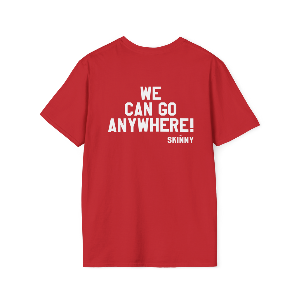 Red t-shirt with white text on a white background