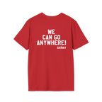 Red t-shirt with white text on a white background