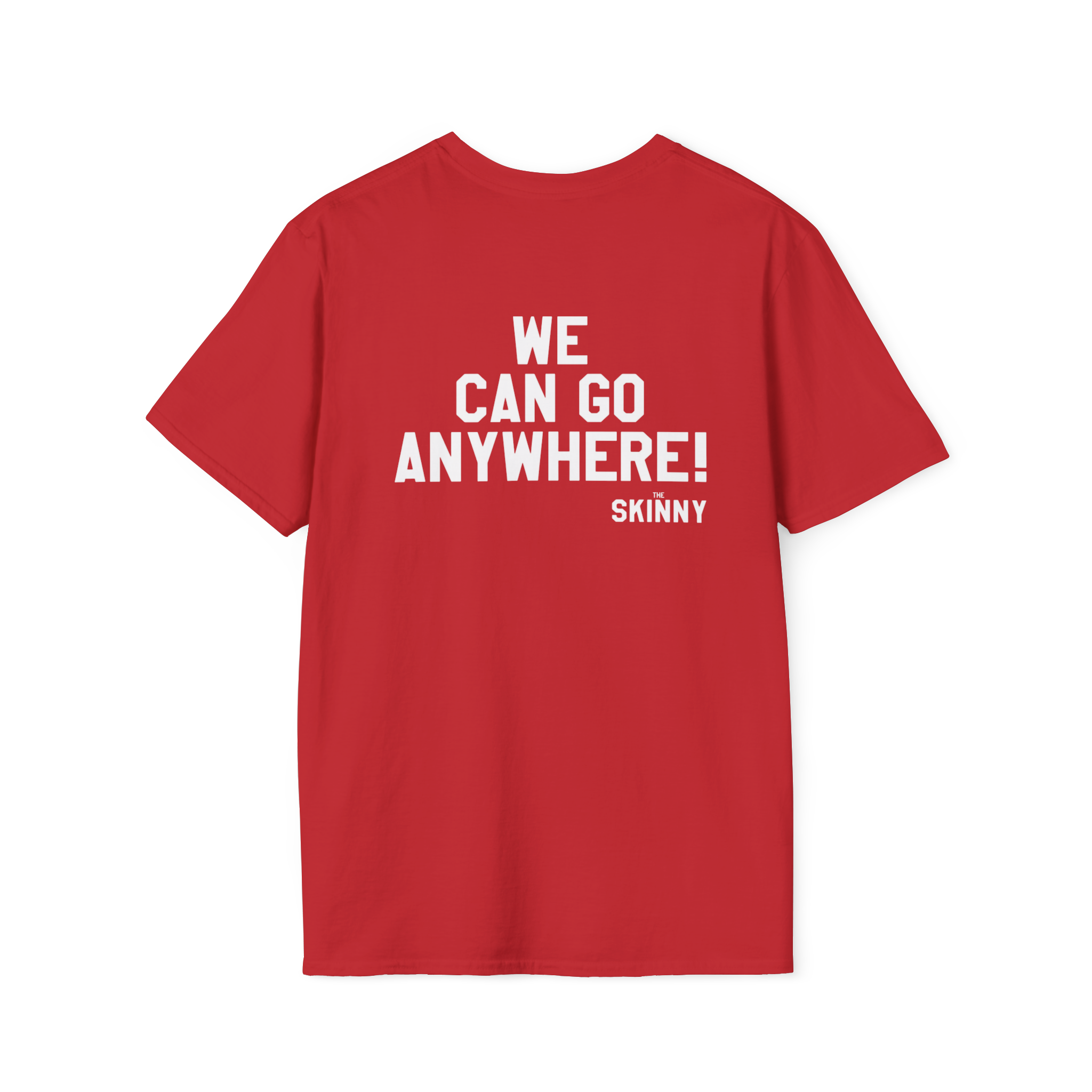 Red t-shirt with white text on a white background