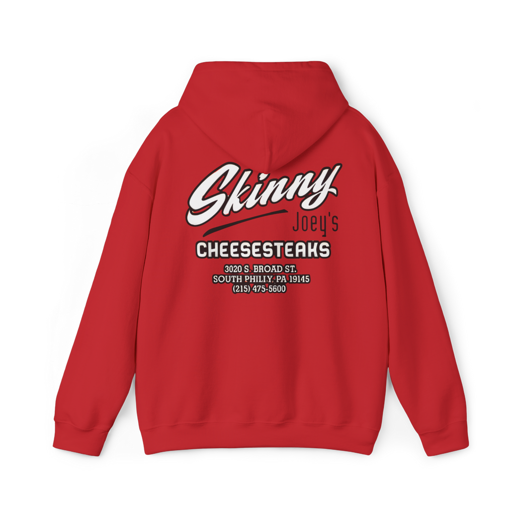 Red hoodie with 'Skinny Joey's Cheesesteaks' text on the back against a white background