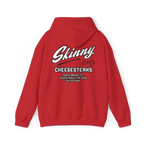 Red hoodie with 'Skinny Joey's Cheesesteaks' text on the back against a white background