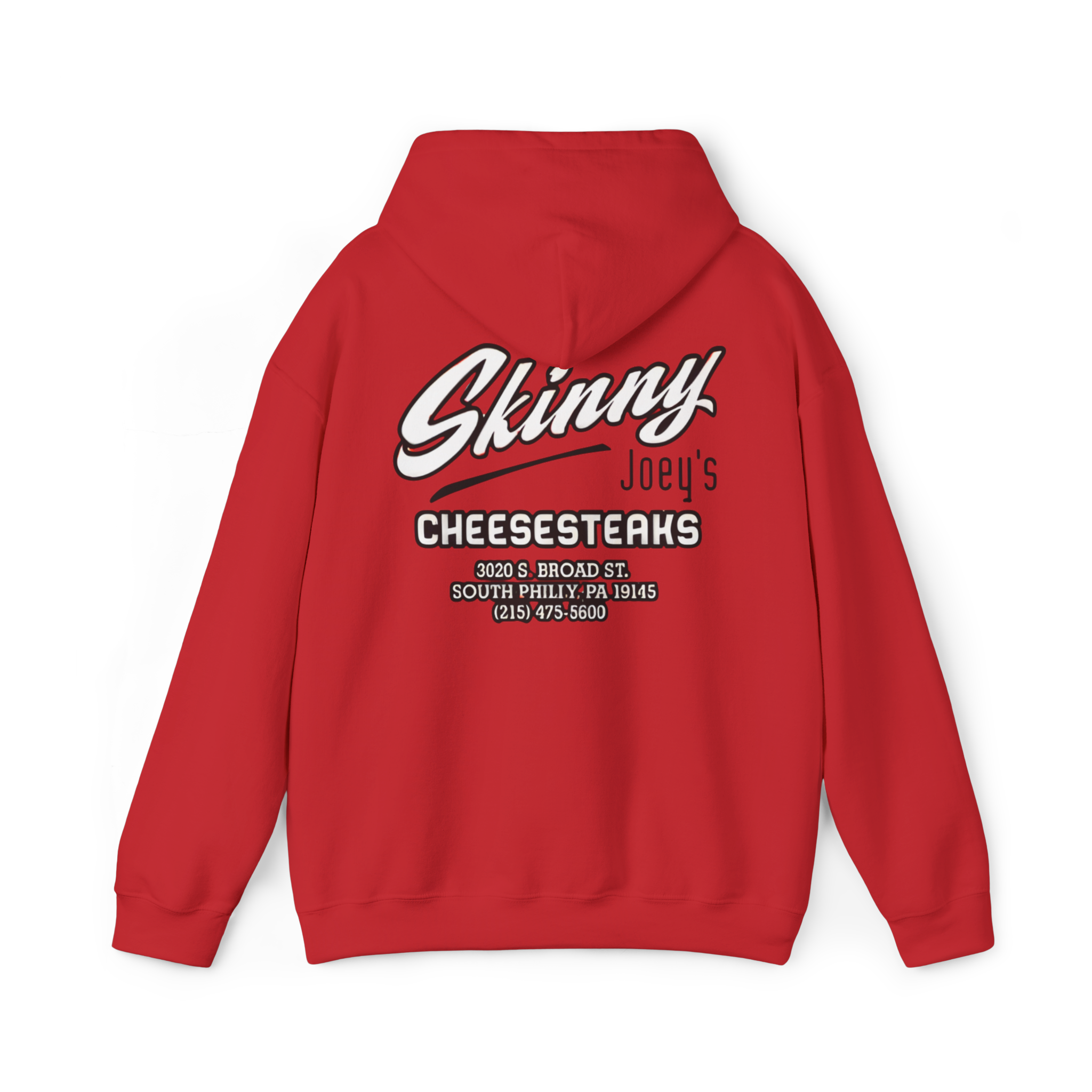 Red hoodie with 'Skinny Joey's Cheesesteaks' text on the back against a white background