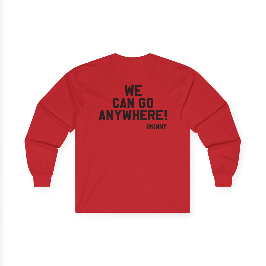 Red long-sleeve shirt with text on the back on a white background