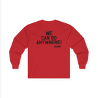 Red long-sleeve shirt with text on the back on a white background