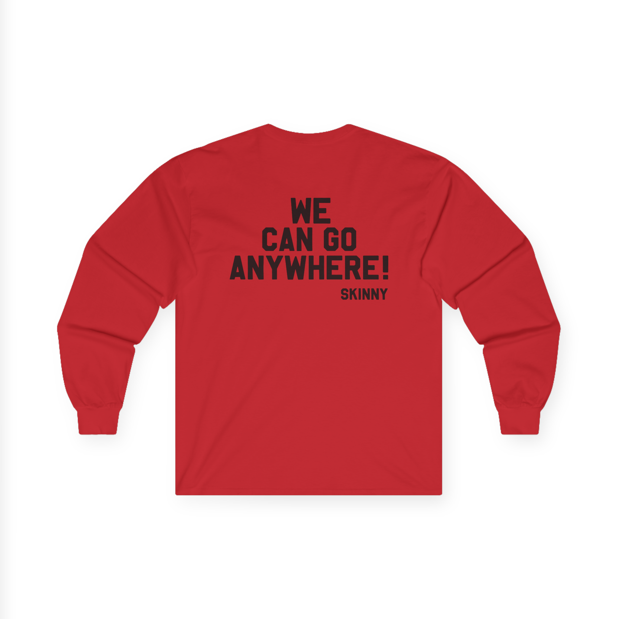 Red long-sleeve shirt with text on the back on a white background