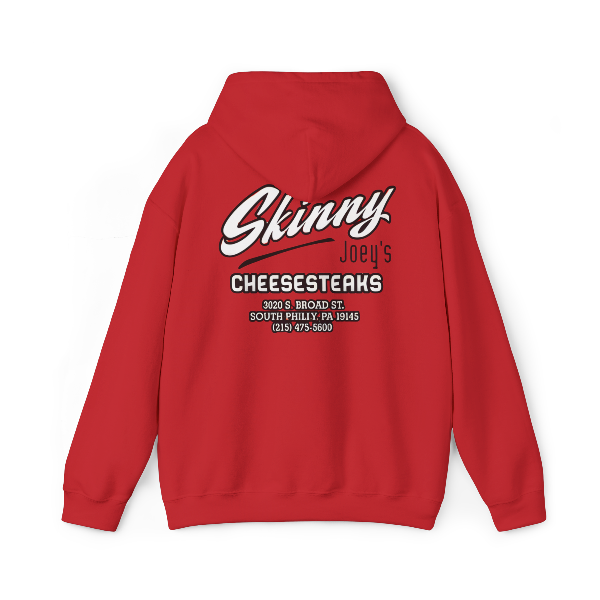 Red hoodie with 'Skinny Joey's Cheesesteaks' text on the back against a white background