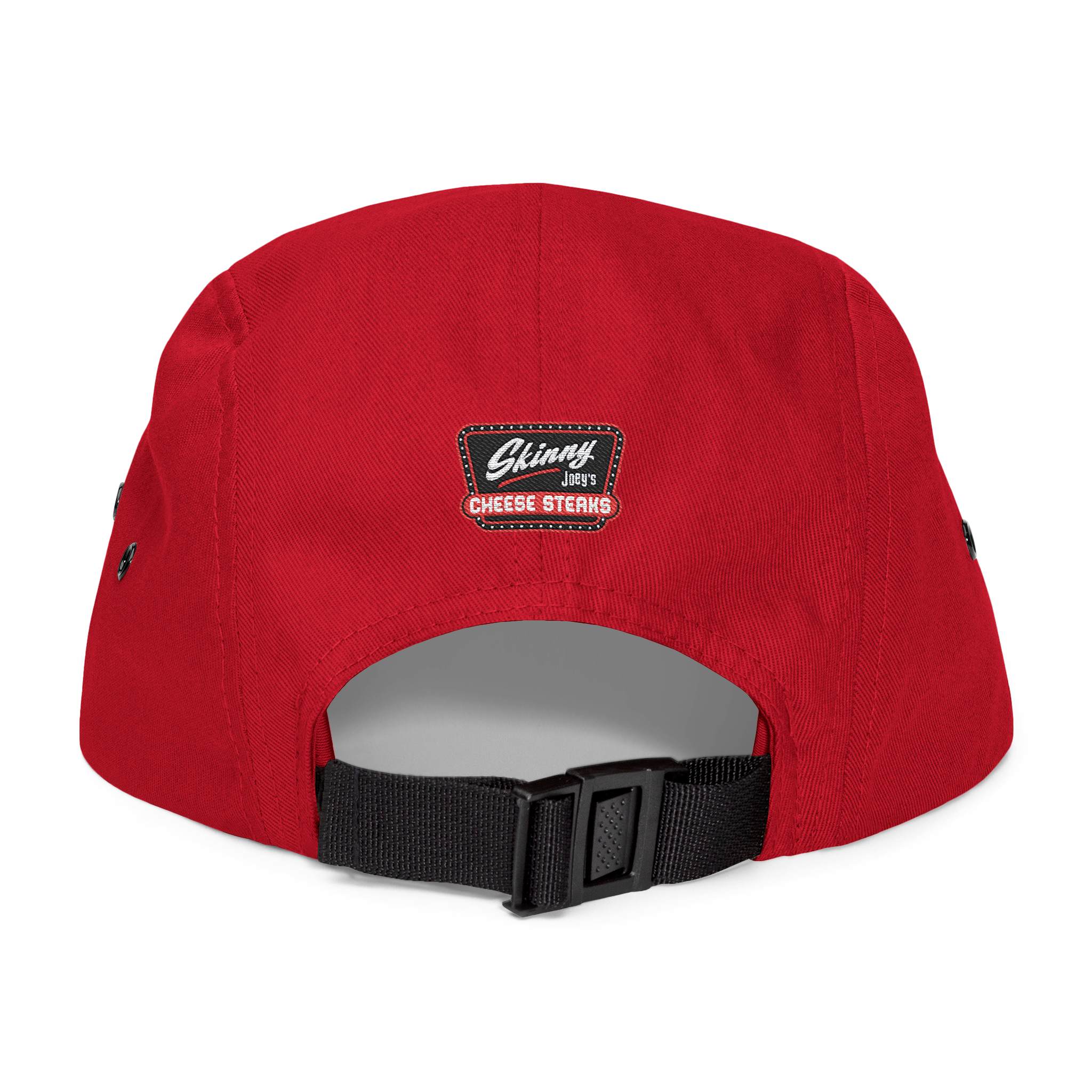 Red cap with a black strap and visible brand logo on a white background