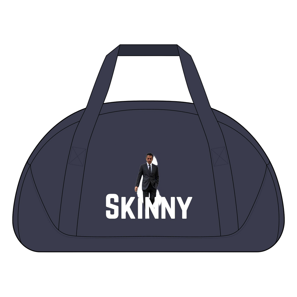 Navy duffel bag with 'SKINNY' text and a person in a suit on a white background