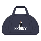 Navy duffel bag with 'SKINNY' text and a person in a suit on a white background