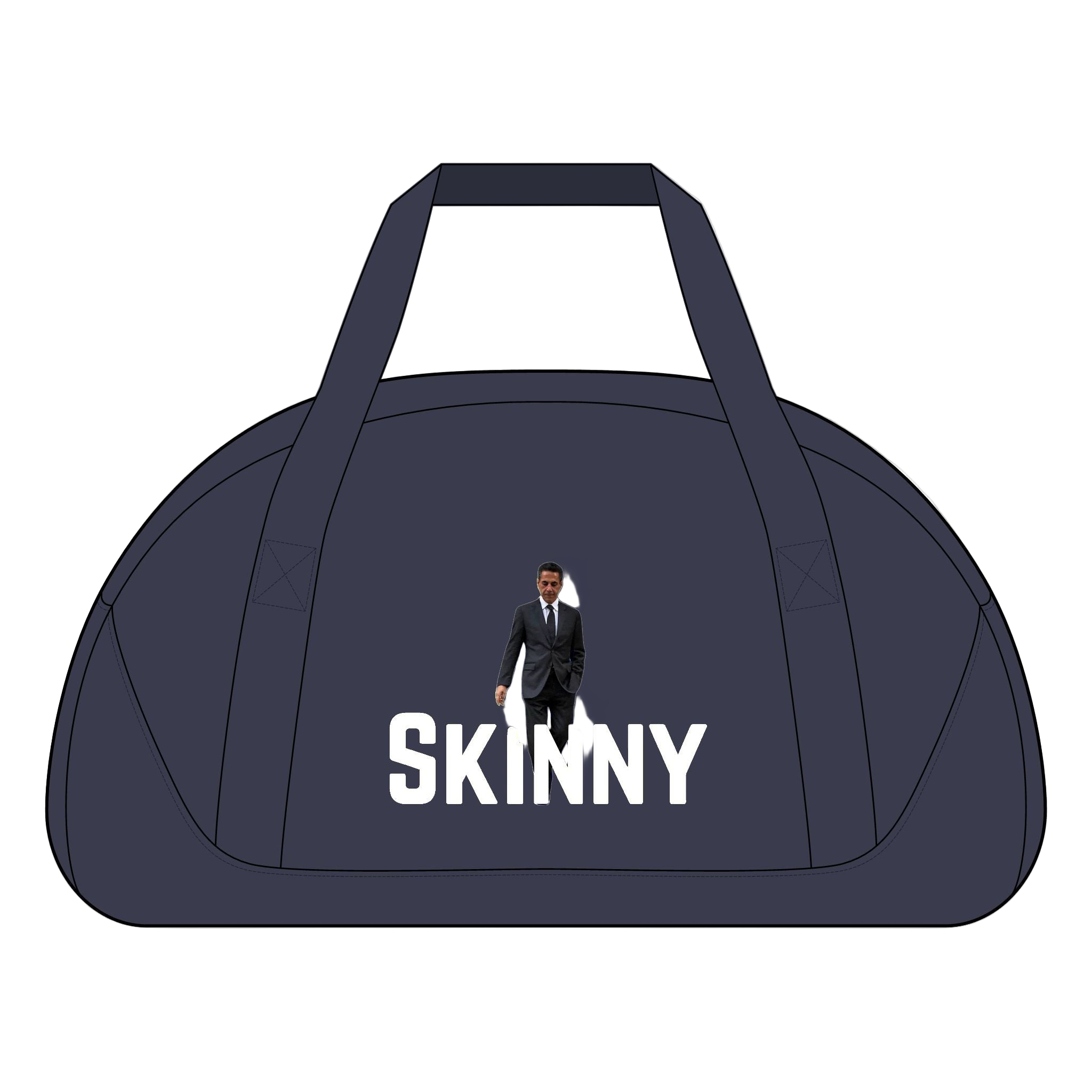 Navy duffel bag with 'SKINNY' text and a person in a suit on a white background