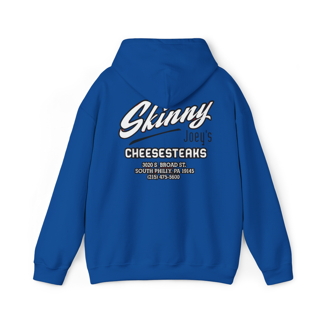 Blue hoodie with 'Skinny Joe's Cheesesteaks' text on the back against a white background