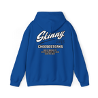 Blue hoodie with 'Skinny Joe's Cheesesteaks' text on the back against a white background
