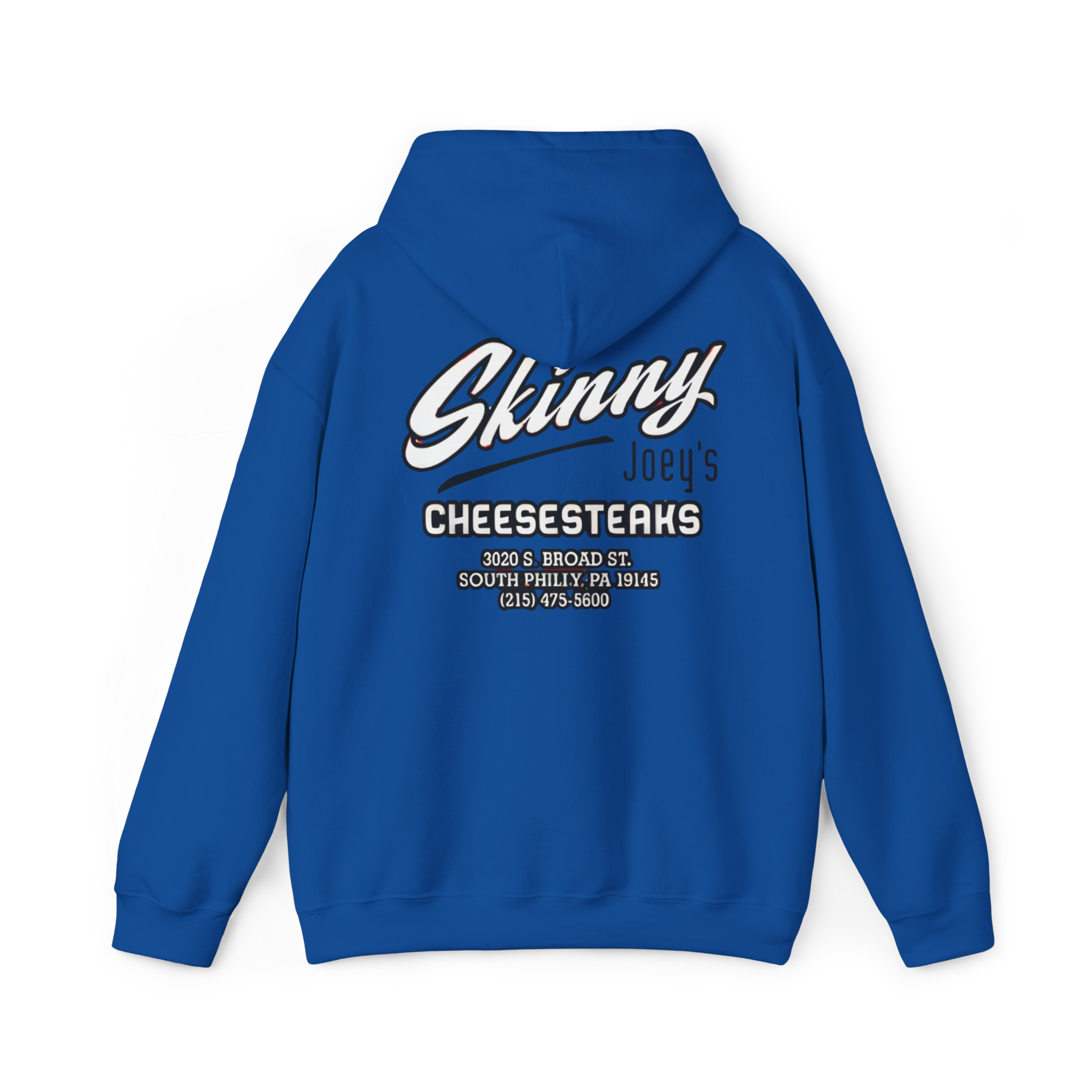 Blue hoodie with 'Skinny Joe's Cheesesteaks' text on the back against a white background