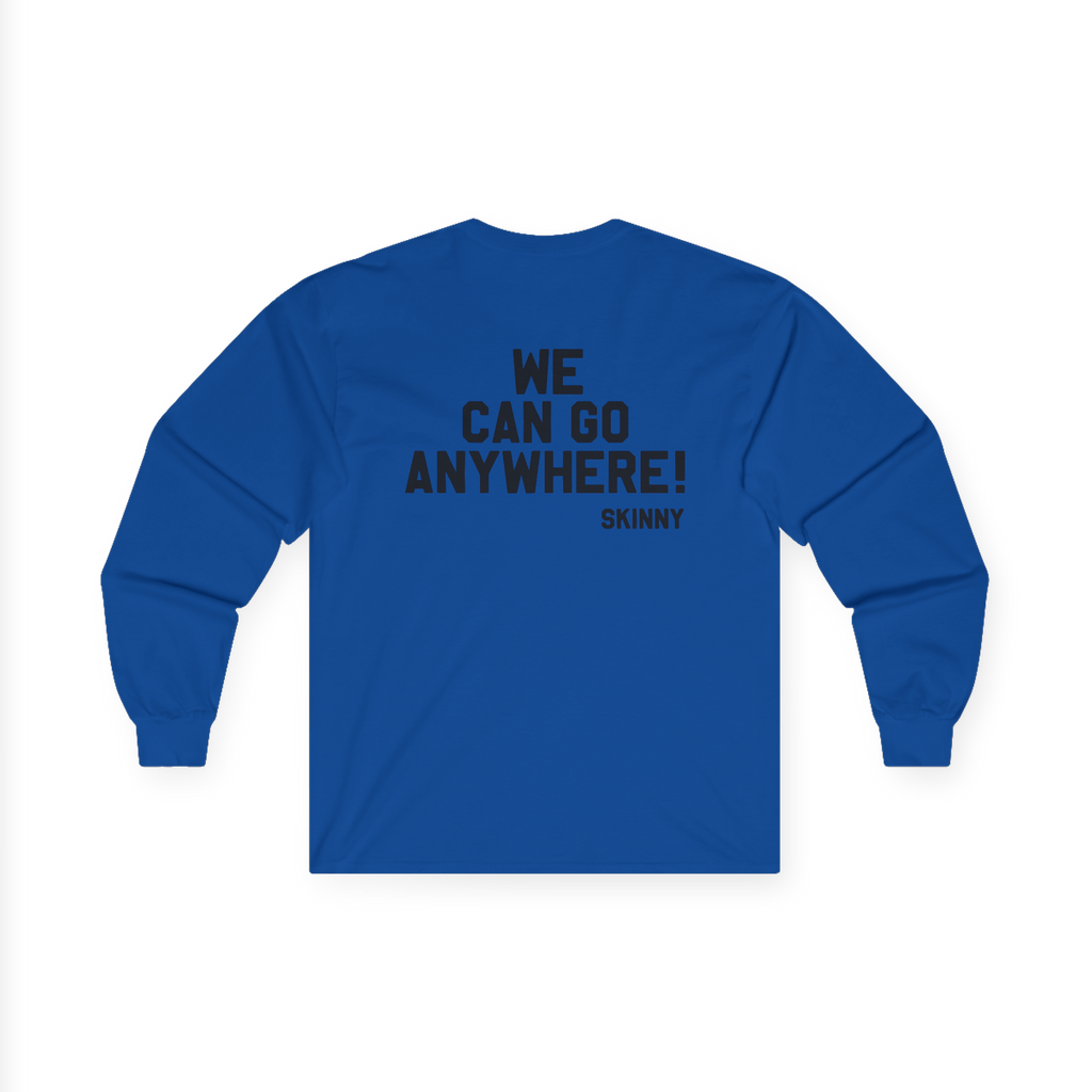 Blue long-sleeve shirt with text on the back on a white background