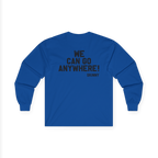 Blue long-sleeve shirt with text on the back on a white background