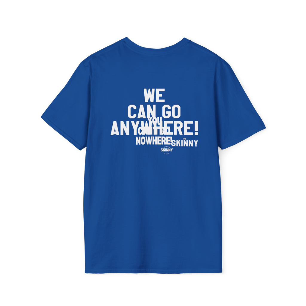 Blue t-shirt with white text on a white background