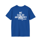Blue t-shirt with white text on a white background