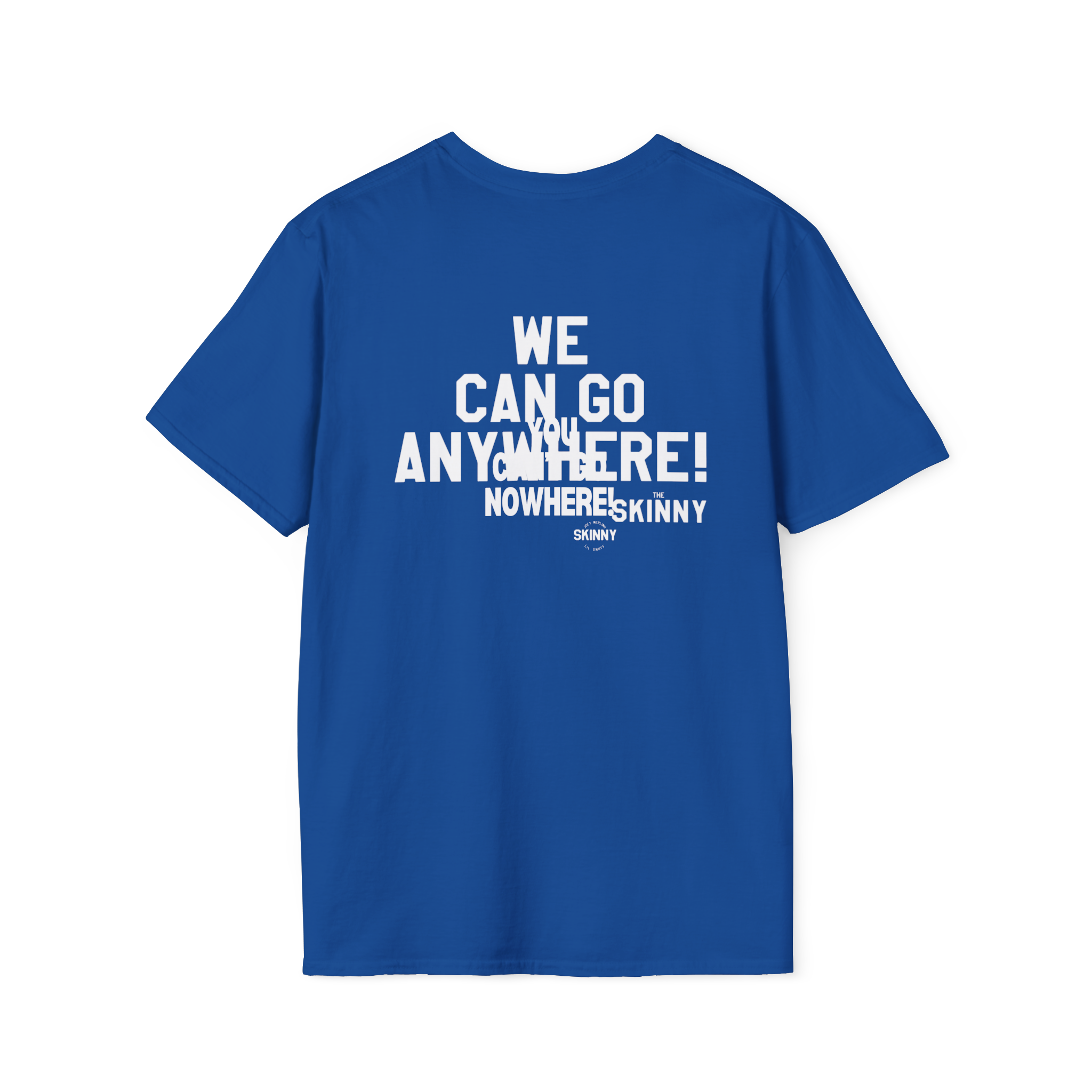 Blue t-shirt with white text on a white background