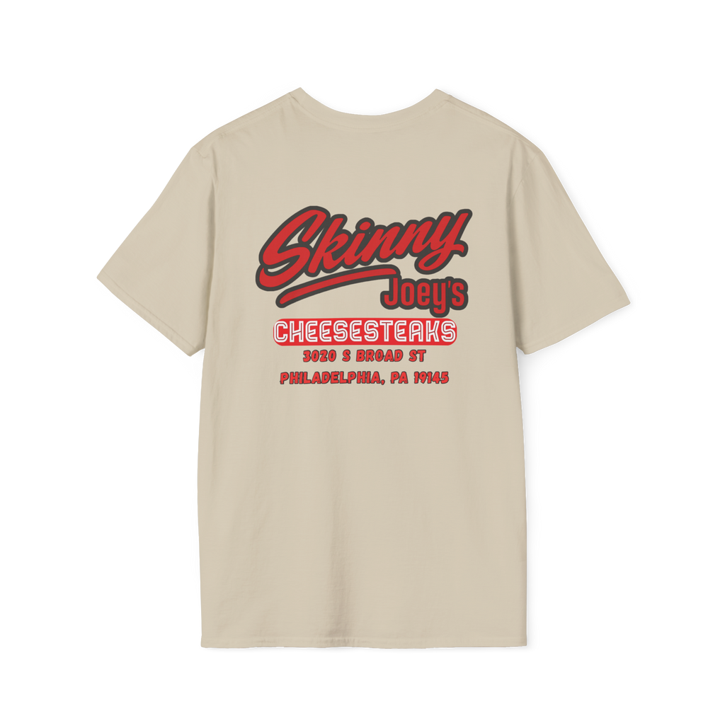 Beige t-shirt with red and black text on a white background