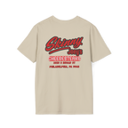 Beige t-shirt with red and black text on a white background