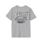 Gray t-shirt with 'Skinny Joey's Cheesesteaks' text on the back against a white background