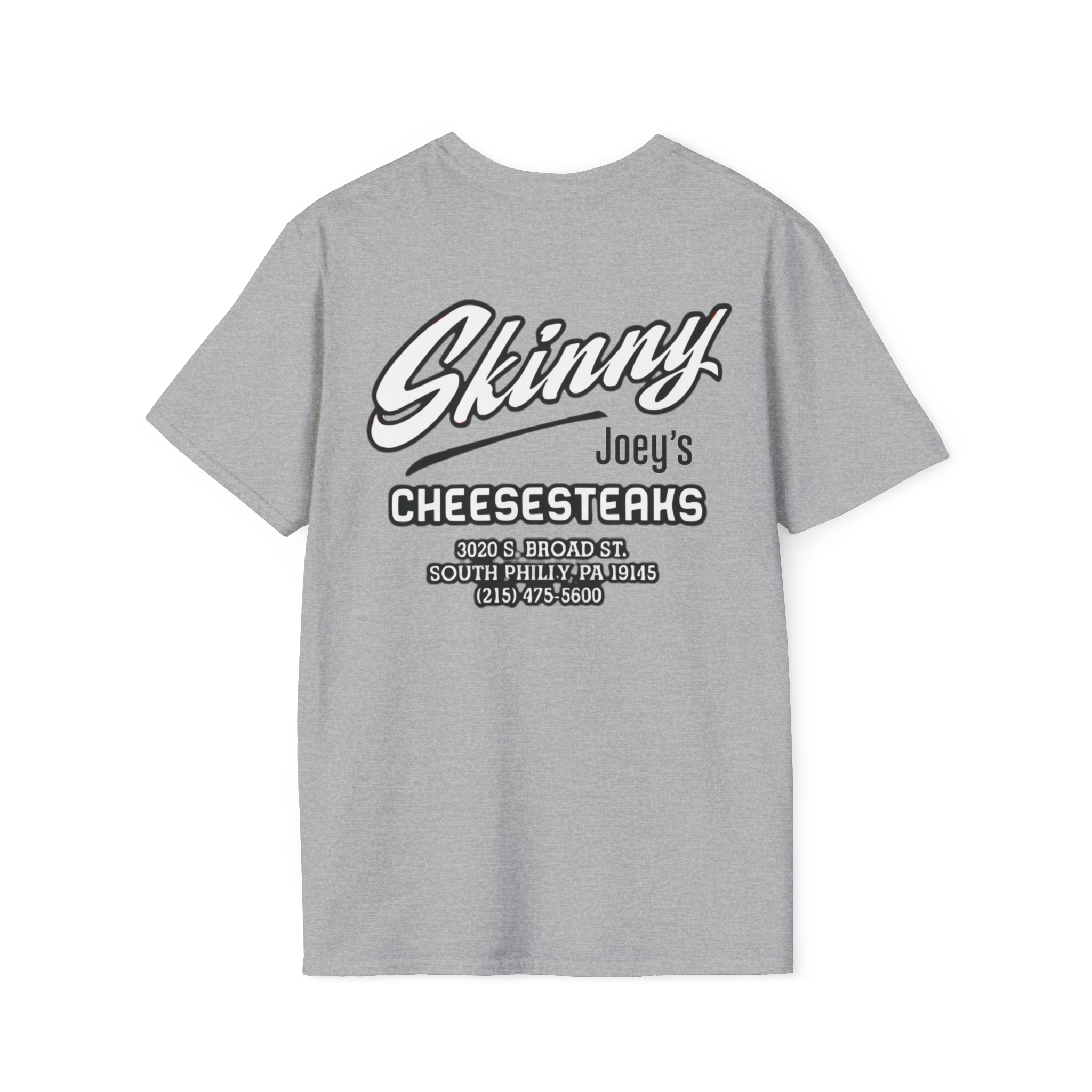 Gray t-shirt with 'Skinny Joey's Cheesesteaks' text on the back against a white background
