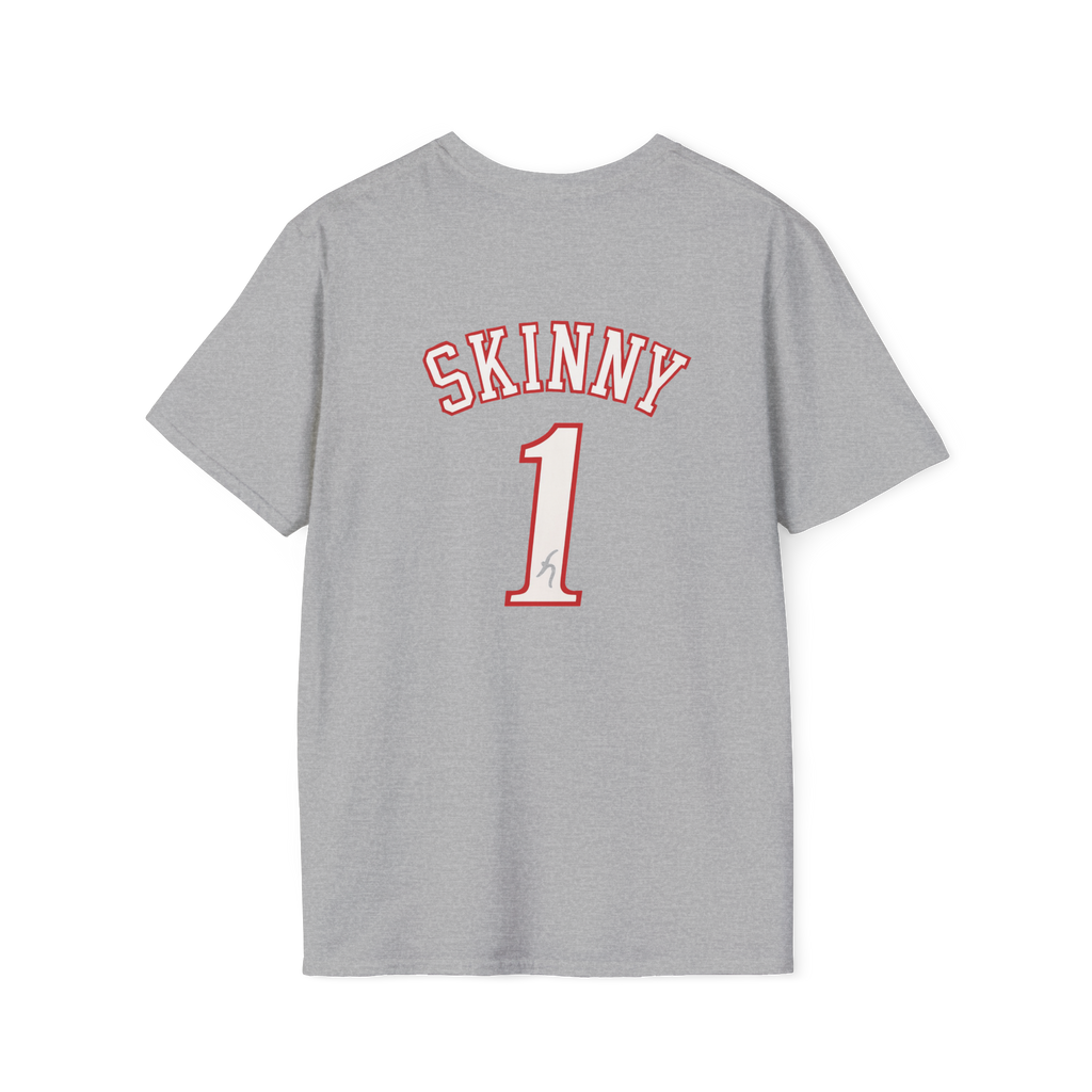 Gray t-shirt with 'SKINNY 1' printed on the back against a white background