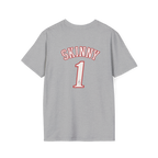 Gray t-shirt with 'SKINNY 1' printed on the back against a white background