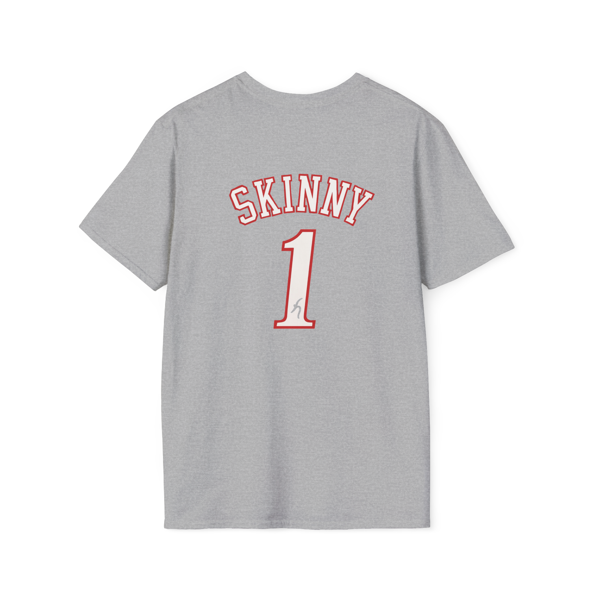 Gray t-shirt with 'SKINNY 1' printed on the back against a white background