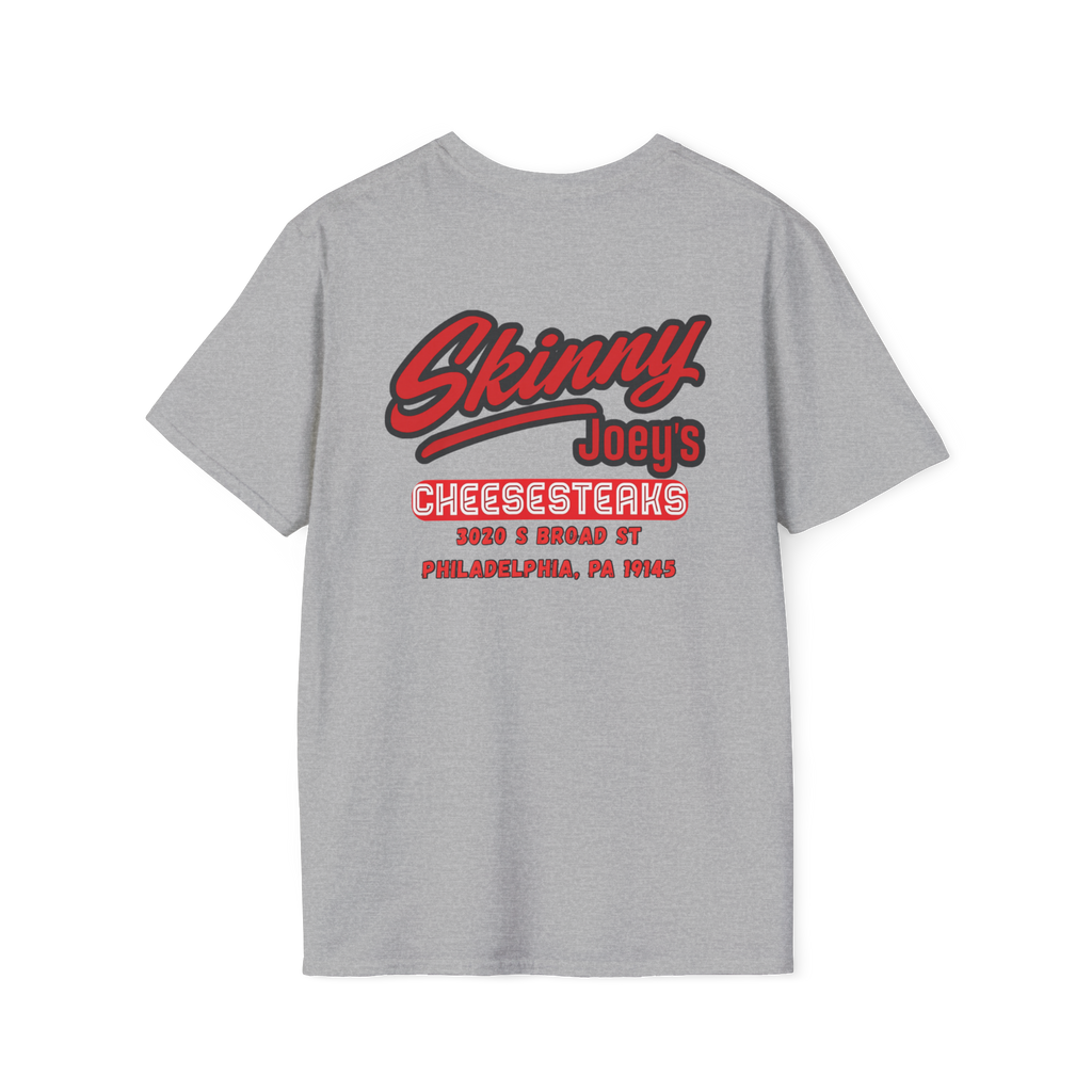 Gray t-shirt with red and white text on a white background